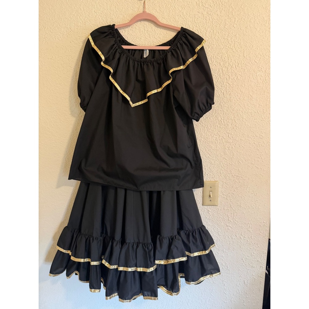 Vintage Malco Modes Black Gold Trim Square Dance Skirt Top Set Womens Large USA